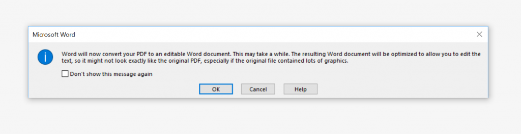 Office Prompt before Converting a PDF to Editable Word Document