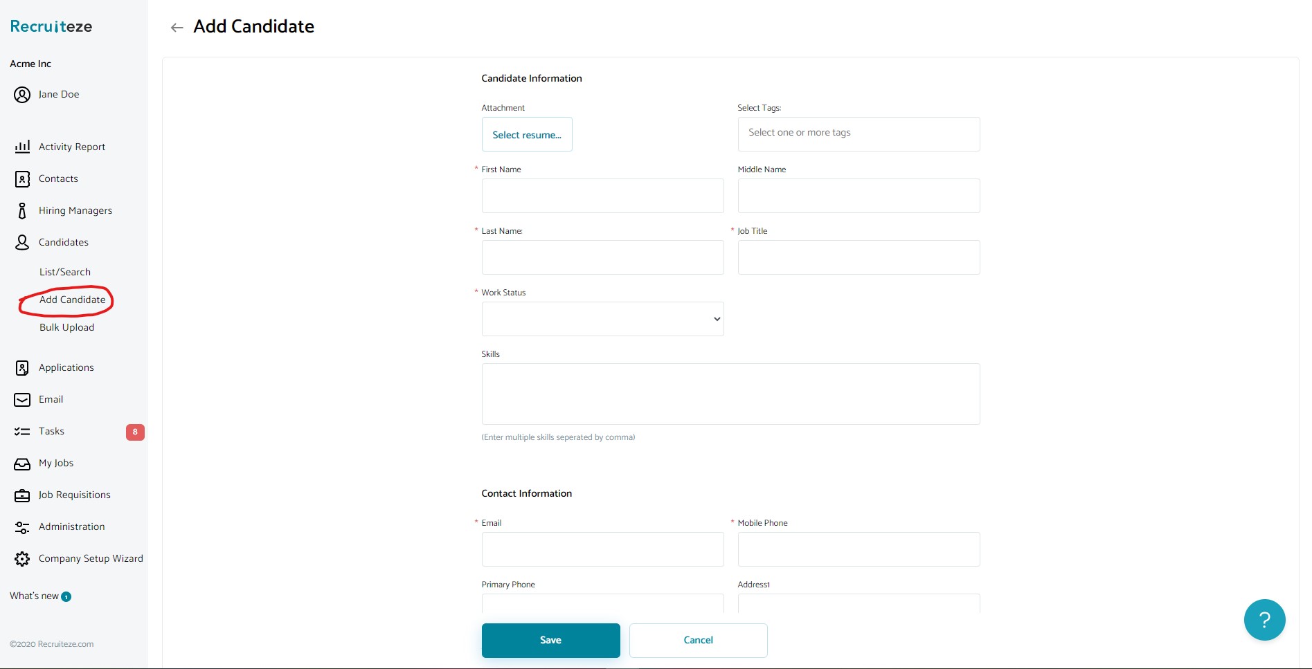 Applicant Tracking System: Add Candidate View
