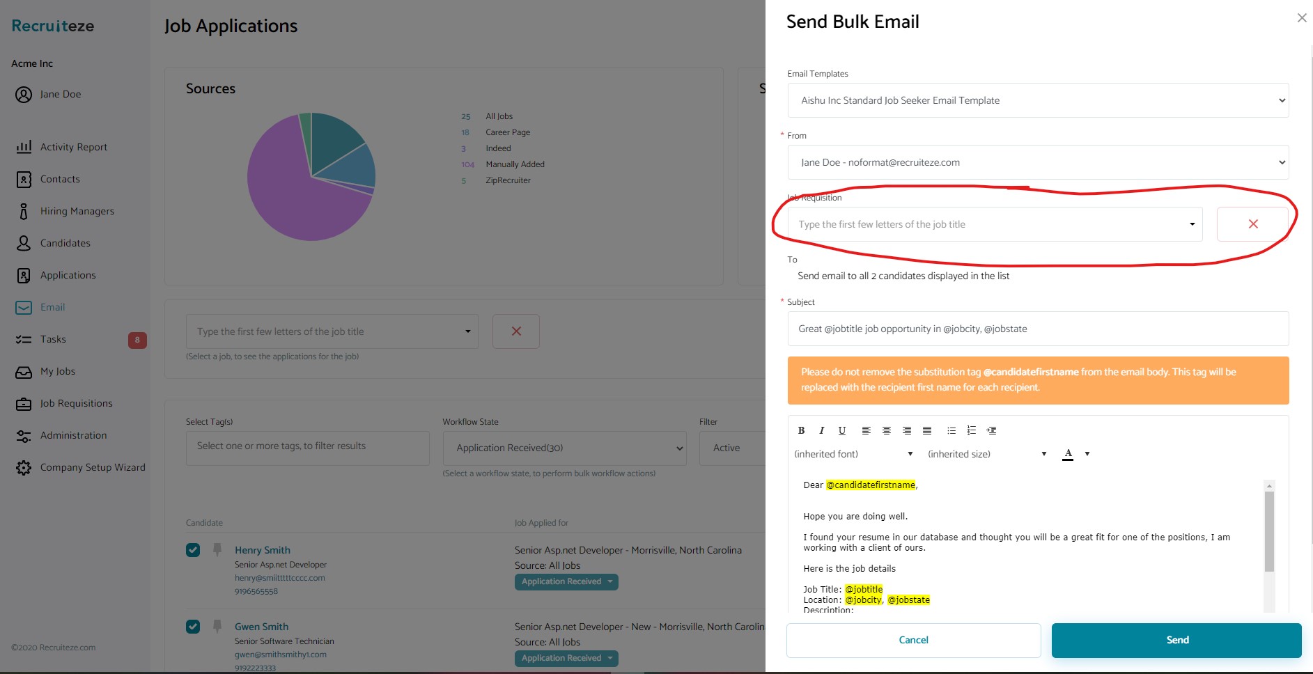 Applicant Tracking System: Bulk Email View