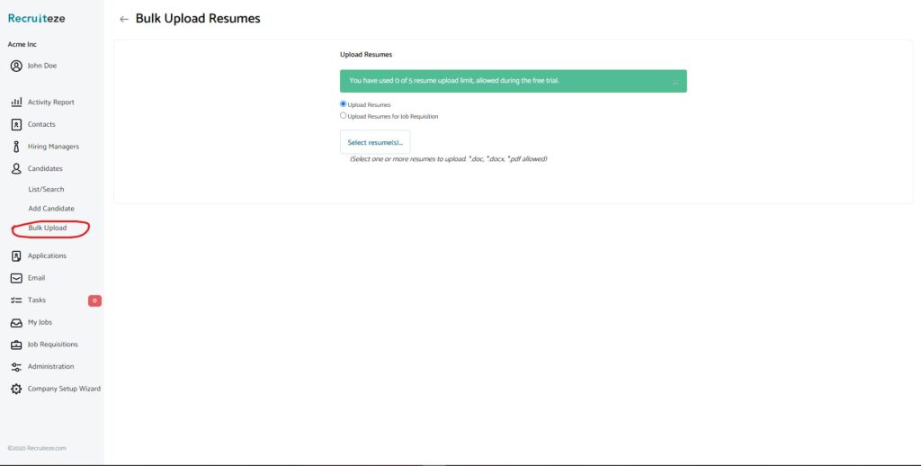 Applicant Tracking System How to bulk upload candidate resumes