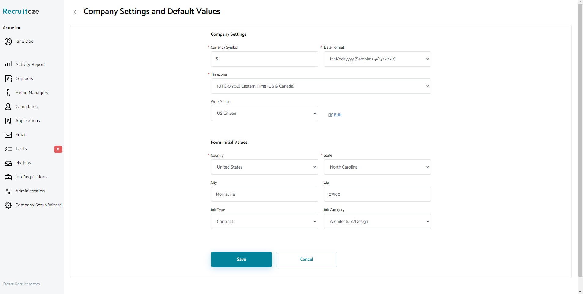 Applicant Tracking System - Setup Form Initial Values